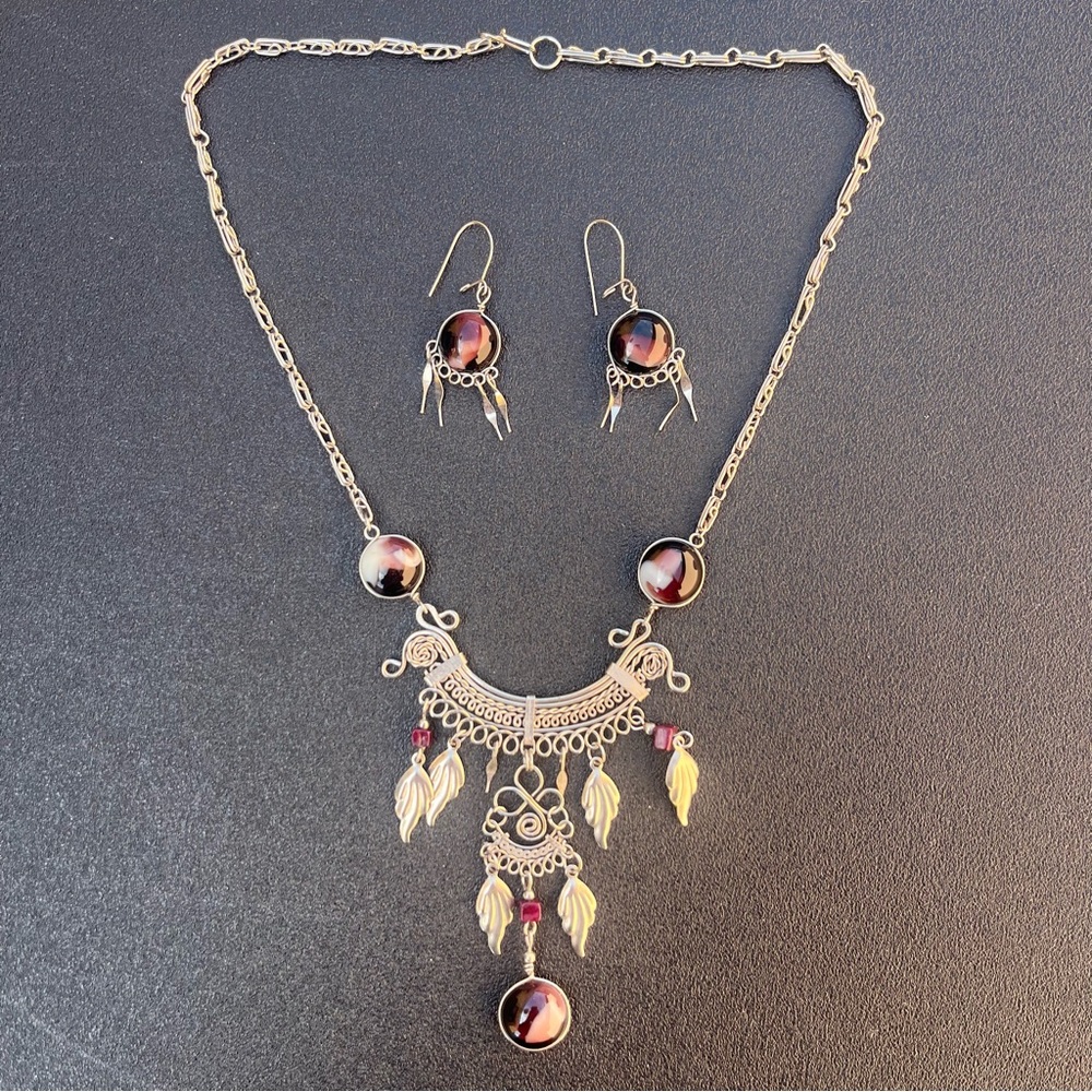 Ornate Mexican handmade silver necklace & earrings jewelry set with purple stone